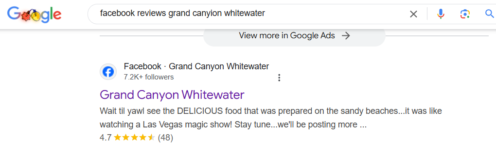 Google search result for Facebook Grand Canyon whitewater rafting company reviewa