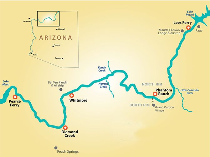 Map for Grand Canyon rafting from Lees Ferry to Pearce Ferry