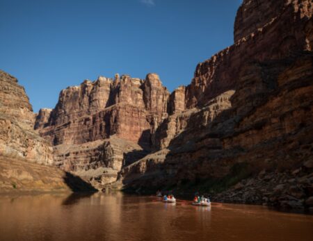 floating through calm section of the Colorado River in cataract Canyon