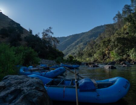 Tuolumne rafts floating in the shade above Clavey Falls